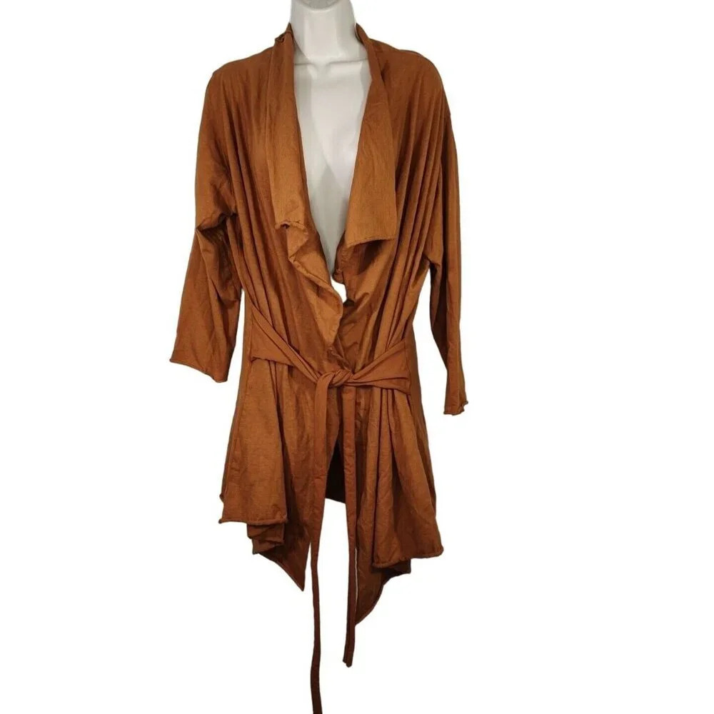 Unbranded Brown Long Sleeve Open Front Jersey Knit Jacket Women One Size Belted